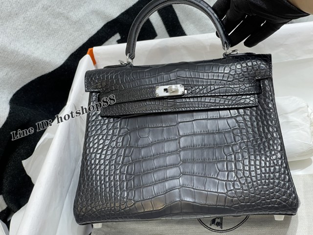 Hermes專櫃經典款Kelly手提女包 愛馬仕蠟線全手縫alligator美洲鱷黑色皮包 zhh1254